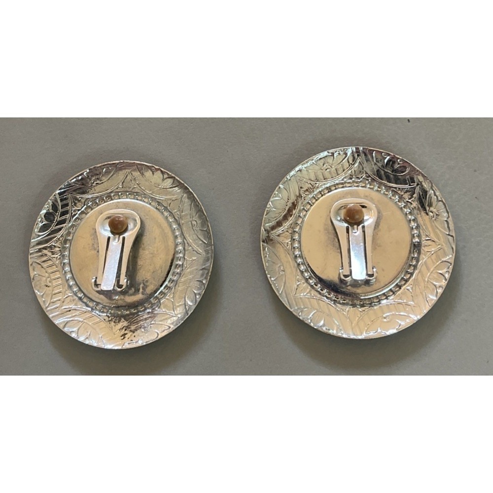 Vintage Silver Southwestern Western Blue Enamel Round Clip-On Earrings - Picture 2 of 2